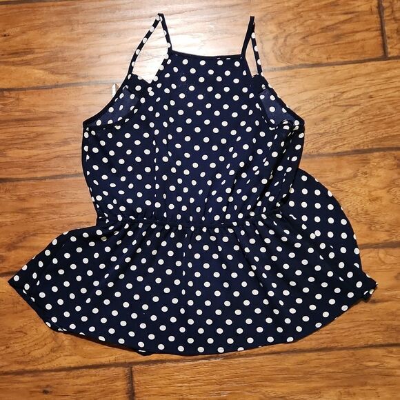 5/$15 Monteau Los Angeles women's size small spaghetti strap navy polka dot top - Picture 6 of 7